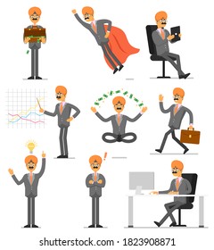Indian Business Character. Working Indian Office Worker Different Pose. Hindu Male Character In Action. Veariety Business Workplace Situation With Man In Formal Suit And Turban Vector Illustration