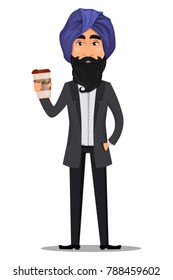 Indian business man cartoon character. Young handsome businessman in business suit and turban holding cup of coffee - stock vector