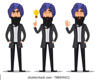 Indian business man cartoon character  set. Young handsome businessman in business suit and turban with angry emotion, having an idea and showing ok sign - stock vector