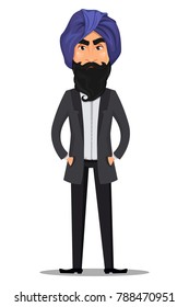 Indian Business Man Cartoon Character. Young Handsome Businessman In Business Suit And Turban Standing Straight With Angry Emotion - Stock Vector