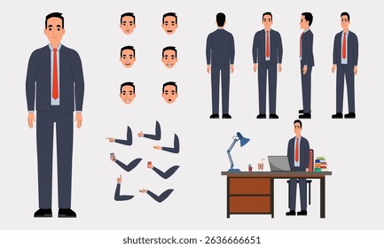 Indian Business man character constructor for animation. Front, side and back view set. Body parts, postures, poses collection. Vector illustration.