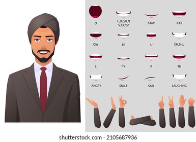 Indian Business Man Wearing Turban Mouth Animation and lip Sync Set with Hand Gestures