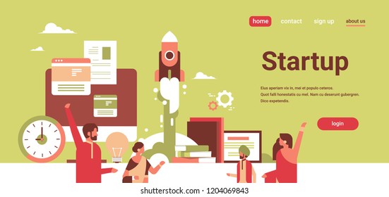 Indian Business People Creating New Successful Startup Project Concept Space Rocket Launching Flat Horizontal Portrait Vector Illustration