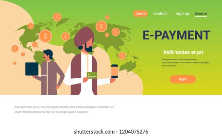 indian business people e-payment money transaction concept online mobile application global internet payment flat world map background horizontal copy space vector illustration