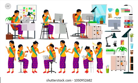 Indian Business Woman Character Set Vector. Working Indian Girl Poses. Hindu Female In Action. Creative Studio. Teamwork Business Workplace. Female. Situation. Designer, Manager. Illustration