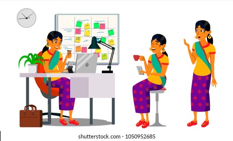 Indian Business Woman Character Vector. Working Hindu Girl. Environment Process Creative Studio. Working Lifestyle Situations. Girl. Start Up Office. Programming, Business Illustration