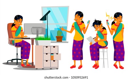 Indian Business Woman Character Vector. Working Female, Hindu Girl. Team Modern Room. Desk. Brainstorming. Businesswoman Working. Environment Process. Planning. Designer, Manager. Illustration 