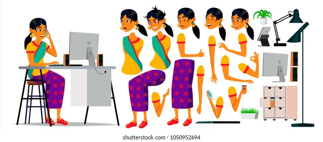 Indian Business Woman Character Vector. Working Hindu Female Girl. Office Girl Developer, Manager, Programmer, Designer. Animation Set. Attractive Lady. Emotions. Cartoon Illustration