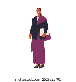 Mujer de negocios india. CEO femenino feliz, profesional en traje de moda. Emprendedor en ropa de estilo sari, ropa moderna. Trabajador de oficina. Ilustración vectorial plana aislada sobre fondo blanco