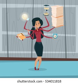 Indian Business Woman With Many Hands Multitasking Overworked Office Interior Mix Race Businessman Flat Vector Illustration