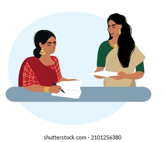 
Indian Business Woman Talking With A Colleague Or Worker.
Flat Vector Illustration