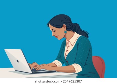 mulher de negócios indiana digitando laptop plana vetor ilustração
