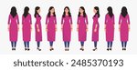 Indian Business Woman Wearing Kurta, Character Front, side, back view and explainer animation poses