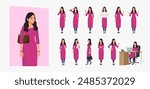 Indian Business Woman Wearing Salwar Kameez, Character Front, side, back view and explainer animation poses