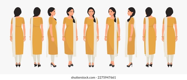 Indian Business Woman Wearing Salwar Kameez, Character Front, side, back view and explainer animation poses