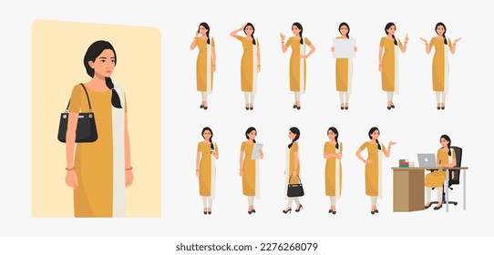 Indian Business Woman Wearing Salwar Kameez, Character set Different poses and emotions