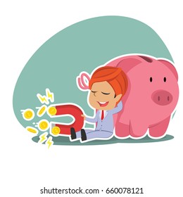 indian businessman beside piggy bank holding coin magnet