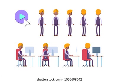 indian businessman. cartoon character animation kit. poses while standing and sitting