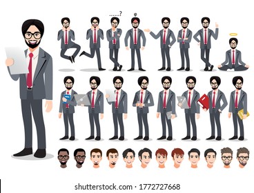 Indian businessman cartoon character set. Handsome business man in office style smart suit . Vector illustration