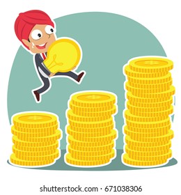 indian businessman climbing coin stairs while carrying idea