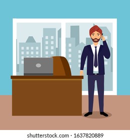 Indian businessman in formal suit talking on mobile phone in his office room. Manager talking on cell phone flat design vector illustration.