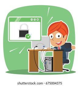 indian businessman in front of secured computer