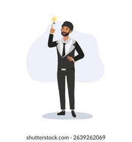 indian businessman and glowing light bulb. indian entrepreneur in suit with new idea light bulb pop up beside