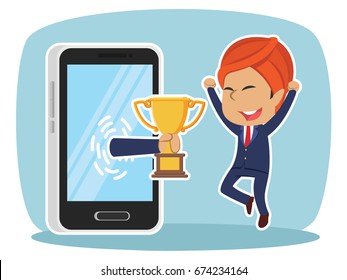 indian businessman happy got trophy from smartphone