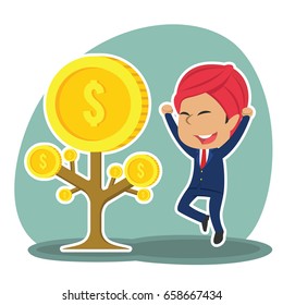 indian businessman happy his coin tree grow
