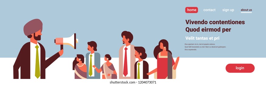 indian businessman holding megaphone announcement concept indian business team leader social activist opposition demonstration horizontal flat copy space vector illustration