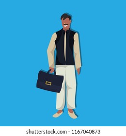 indian businessman holding suitcase national traditional clothes male cartoon character full length flat vector illustration