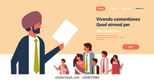 indian businessman leader holding cv resume business man over group indian people choosing candidate for vacancy job position recruitment concept flat copy space horizontal vector illustration