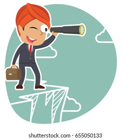 indian businessman looking through monocular on cliff