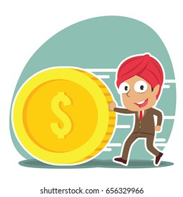 indian businessman pushing coin illustration design