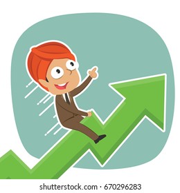 indian businessman is riding on raised graph