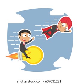 indian businessman with rocket idea against super businessman