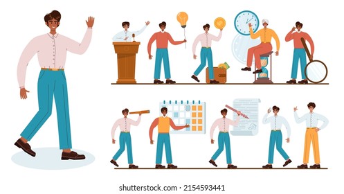 Indian Businessman Set. Characters Wearing Business Casual Clothing In Different Poses And Doing Different Activities. Office Presentation, Planning And Business Development. Flat Vector Illustration