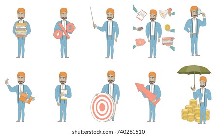 Indian businessman set. Businessman holding percent sign, pointer, magnifying glass, briefcase full of money, dart board. Set of vector sketch cartoon illustrations isolated on white background.