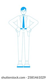 Indian businessman in suit tie hands on hips 2D outline cartoon character. Professional south asian guy business leader isolated person flat vector on white background. Spot illustration colorful