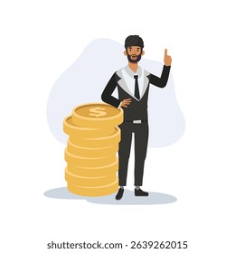  indian businessman with thumbs up near coin stack representing wealth growth and positive business result