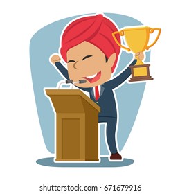 indian businessman with trophy giving speech