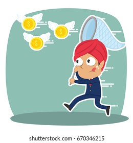 indian businessman trying to catch flying coins
