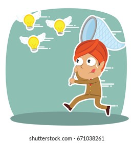 indian businessman trying to catch flying ideas