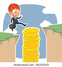 indian businessman use coins stack to jump over cliff