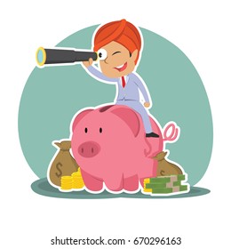 indian businessman is using binocular on piggy bank