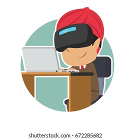 indian businessman with vr headset using laptop in circle