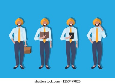 indian businessmen phone calling reading book tablet phone calling national traditional clothes male collection horizontal cartoon character full length flat