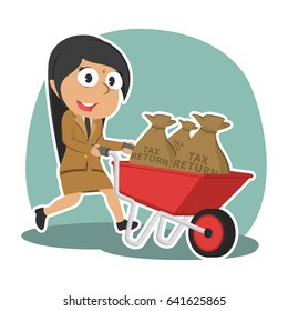 indian businesswoman carrying tax returns in wheelbarrow
