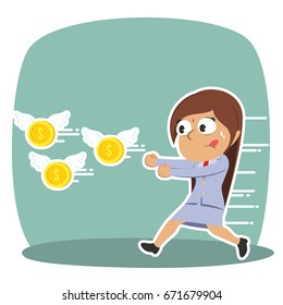 indian businesswoman chasing flying coin