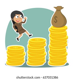 indian businesswoman climbing coins stair to get sack of money
